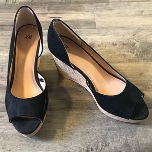 H&M Black Faux Suede Cork Wedges